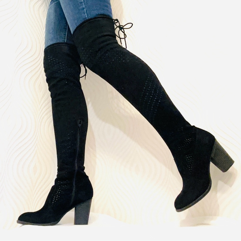 Black Over-the-Knee Boots Sueded Material with Drawstring Closure 3” Heel size 8